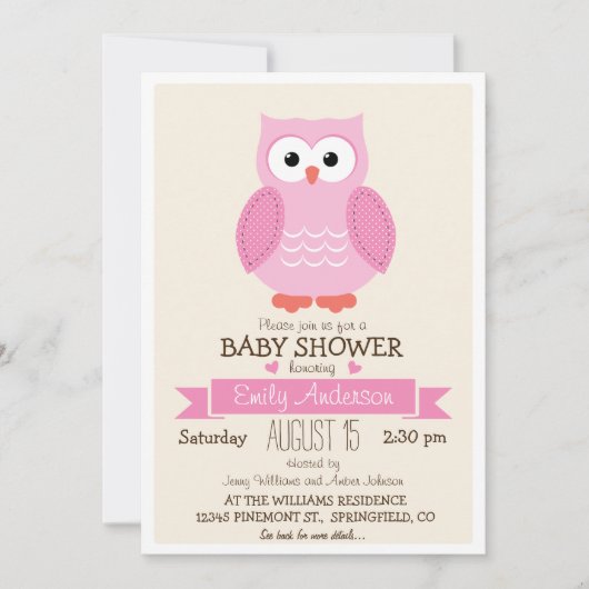 Invitation Baby shower ou arroser de chouette rose pour fille (Devant)