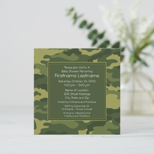 Invitation Baby-Shower ou Fête Camo (Debout devant)