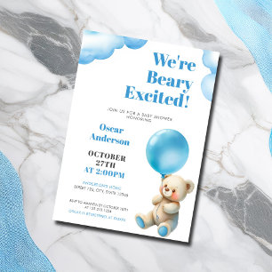 Invitation Baby-Shower Ours Assis avec Ballon Bleu Aquarelle