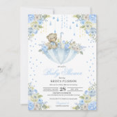 Invitation Baby shower Ours Bébé Bleu Parapluie Teddy (Devant)