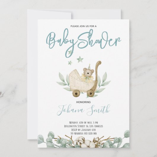 Invitation Baby shower Ours bleu aquarelle (Devant)