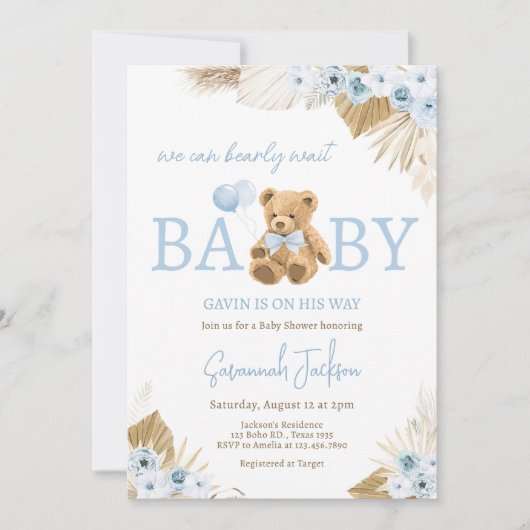 Invitation Baby shower Ours Bleu Boho (Devant)