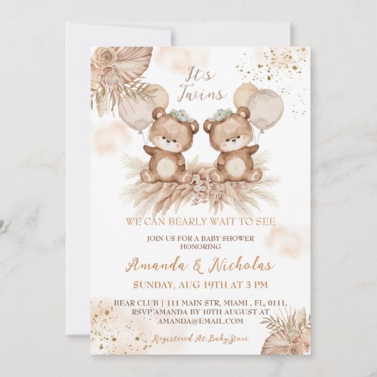 Invitation Baby shower Ours Boho Jumeaux (Devant)