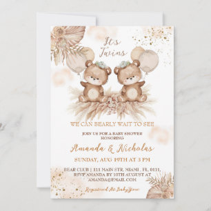 Invitation Baby shower Ours Boho Jumeaux