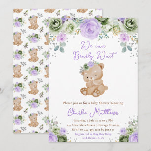 Invitation Baby Shower Ours Brun Fleurs Vert Sauge et Violet