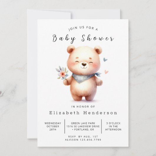 Invitation Baby shower Ours chic Whimsical (Devant)