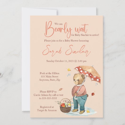 Invitation Baby shower Ours d'automne, Ours d'auto (Devant)