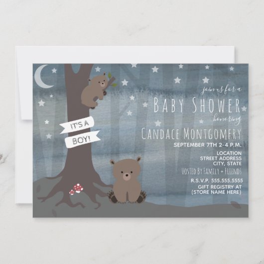 Invitation Baby shower Ours de nuit Woodland (Devant)