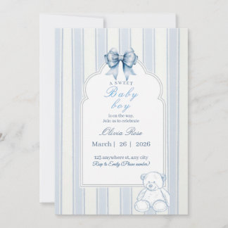 Invitation Baby shower ours doudou rétro rayé bleu blanc