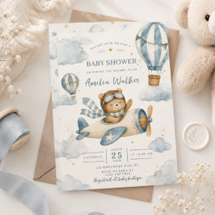 Invitation Baby Shower Ours en peluche Avion Vintage
