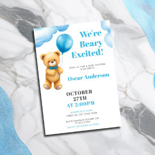 Invitation Baby-Shower Ours en Peluche Ballon Bleu Aquarelle