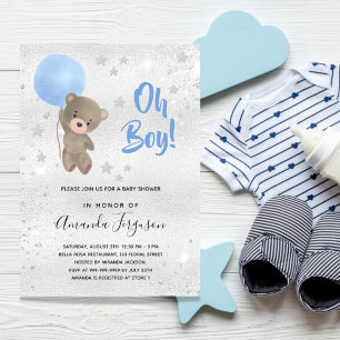 Invitation Baby shower ours en peluche bleu garçon argent