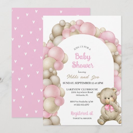 Invitation Baby shower ours en peluche en arc rose (Devant / Derrière)