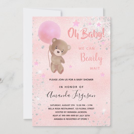 Invitation Baby shower ours en peluche fille rose argent (Devant)