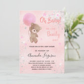 Invitation Baby shower ours en peluche fille rose argent (Debout devant)