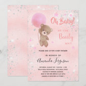 Invitation Baby shower ours en peluche fille rose argent (Devant / Derrière)