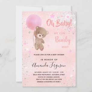 Invitation Baby shower ours en peluche fille rose argent