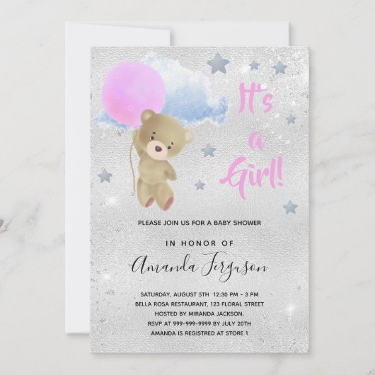 Invitation Baby shower ours en peluche fille rose argent (Devant)