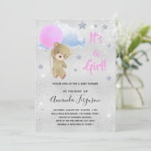 Invitation Baby shower ours en peluche fille rose argent (Debout devant)