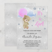 Invitation Baby shower ours en peluche fille rose argent (Devant / Derrière)