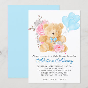 Invitation Baby Shower Ours en peluche floral Bleu Rose Gris
