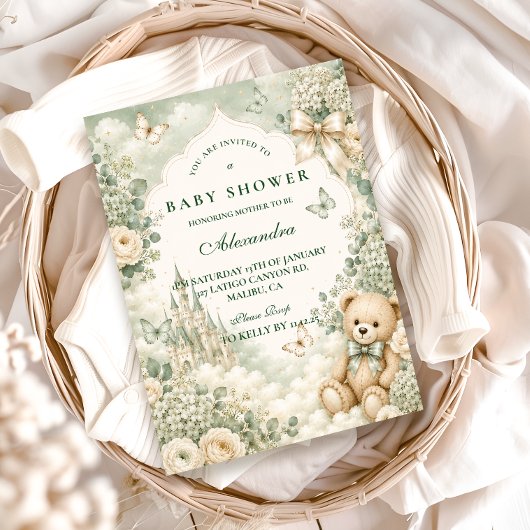 Invitation Baby Shower Ours en Peluche Vert Élégant