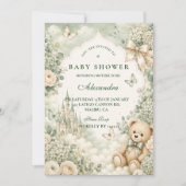 Invitation Baby Shower Ours en Peluche Vert Élégant (Devant)