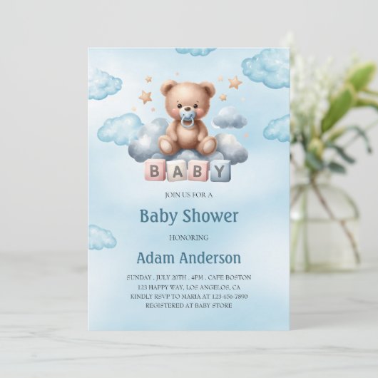 Invitation Baby shower Ours En Teddy - Baby Boy (Debout devant)