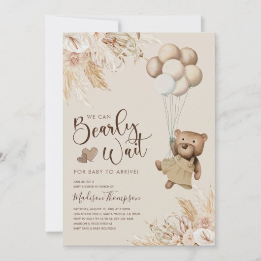 Invitation Baby shower Ours En Teddy Boho Pampas Grass (Devant)