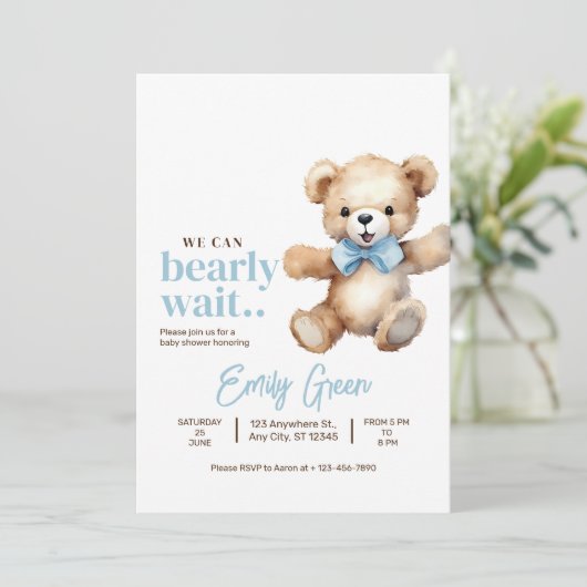 Invitation Baby shower Ours En Teddy, On Peut Attendre (Debout devant)