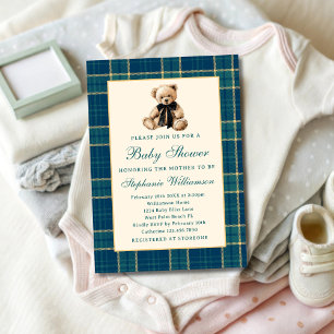Invitation Baby-Shower Ours en Teddy Vintage Carreaux Prépa V