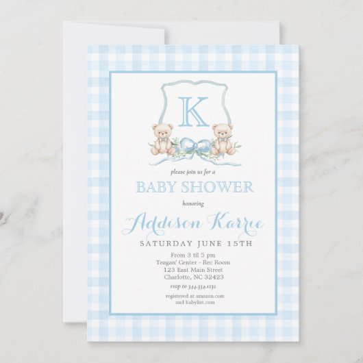 Invitation Baby Shower Ours en Velours Bleu à Carreaux Prépa (Devant)