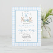 Invitation Baby Shower Ours en Velours Bleu à Carreaux Prépa (Debout devant)