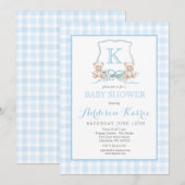 Invitation Baby Shower Ours en Velours Bleu à Carreaux Prépa (Devant / Derrière)