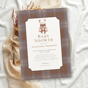 Invitation Baby Shower Ours en Velours Marron à Carreaux Tart
