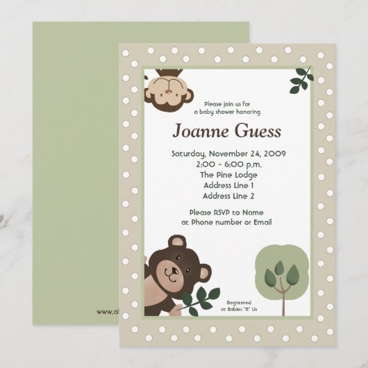 Invitation Baby shower Ours et singe des amis de la forêt (Devant / Derrière)