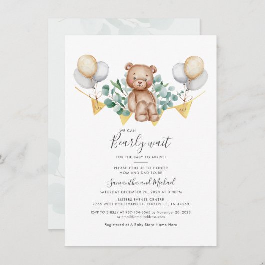 Invitation Baby shower Ours Eucalyptus Nous Pouvons Attendre (Devant / Derrière)