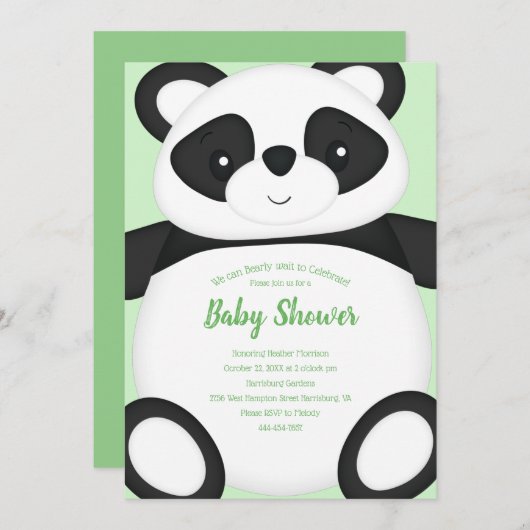 Invitation Baby shower Ours Panda Vert (Devant / Derrière)