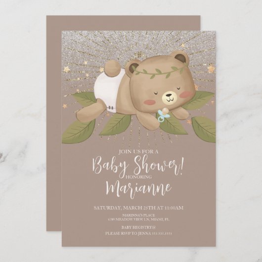 Invitation Baby shower Ours Parties scintillant Bohemian Star (Devant / Derrière)