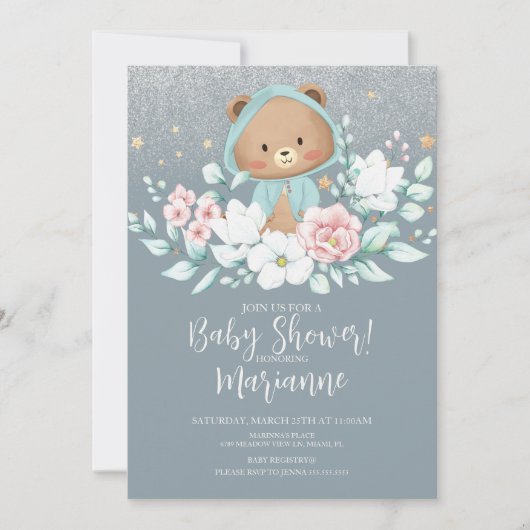 Invitation Baby shower Ours Parties scintillant Florale Dusty (Devant)