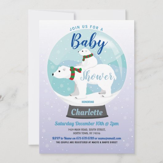 Invitation Baby shower Ours polaire d'hiver Globe des neiges  (Devant)