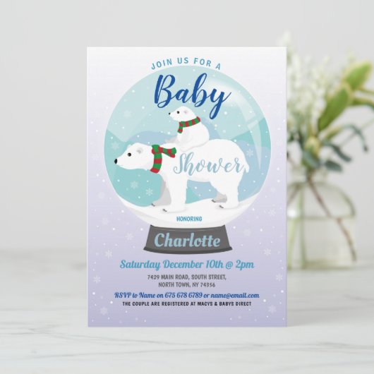 Invitation Baby shower Ours polaire d'hiver Globe des neiges  (Debout devant)