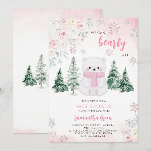 Invitation Baby shower Ours rose (Devant / Derrière)