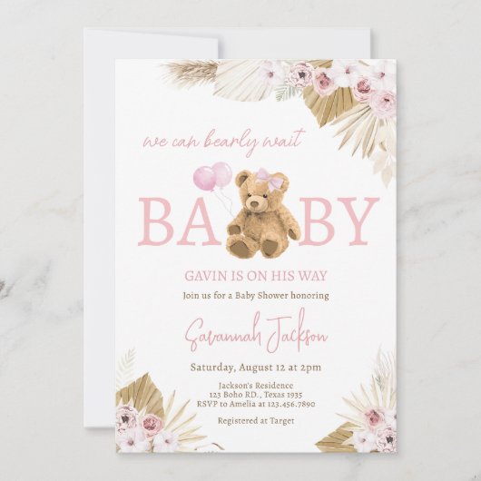 Invitation Baby shower Ours rose Boho (Devant)
