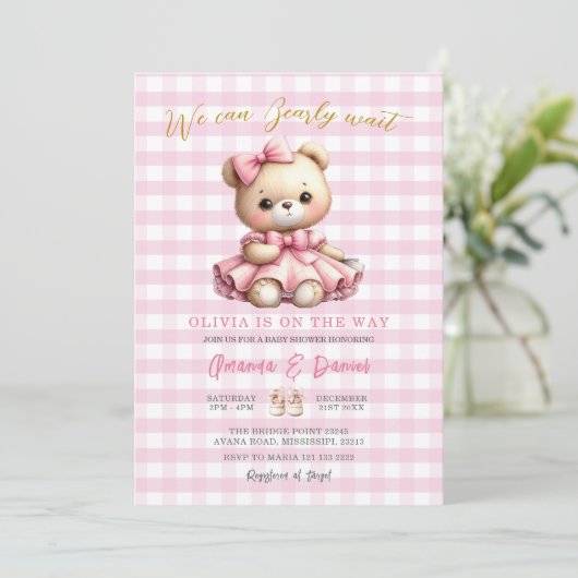 Invitation Baby shower Ours Rose En vichy peut attendre préma (Debout devant)