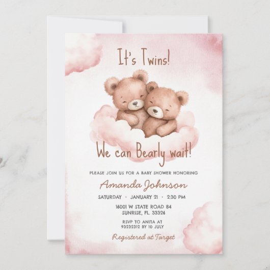 Invitation Baby shower Ours Rose Twins (Devant)