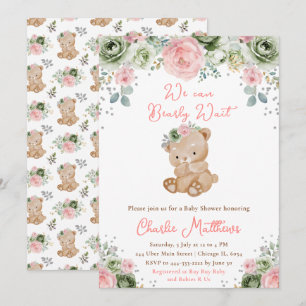 Invitation Baby Shower Ours Sage Vert et Fleurs Roses
