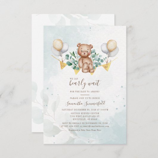 Invitation Baby shower Ours Script Eucalyptus Vert (Devant / Derrière)