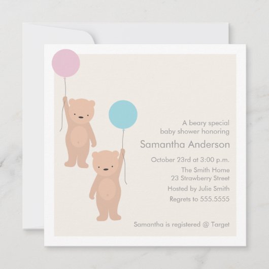 Invitation Baby shower Ours Teddy - Twin Boy Girl (Devant)