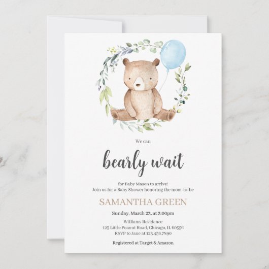 Invitation Baby shower Ours verdoyant (Devant)